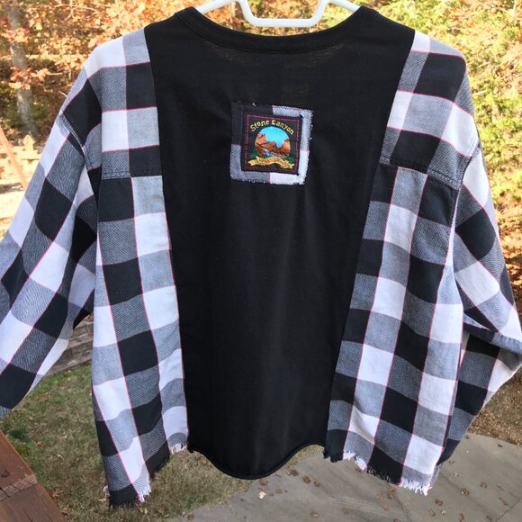 Reworked Buffalo Plaid Tee, Size M-L: Upcycled Oversized Mountain Graphic Shirt - Picture 10 of 11